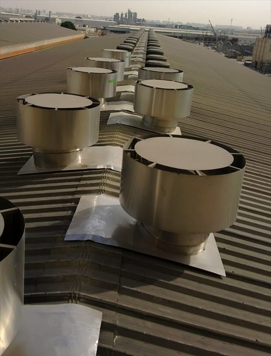 Line of Hurricane® Plus ventilators on the roof of Ducab factory in Abu Dhabi